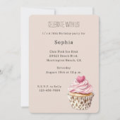 Invitation Cream Pink Heart Cupcake Leopard Birthday (Devant)