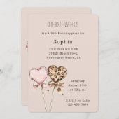 Invitation Cream Pink Leopard Hearts Birthday (Devant / Derrière)