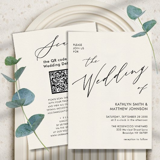 Invitation Cream QR Code Tout en un Mariage moderne chic