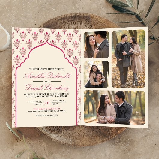 Invitation Cream Rani rose Ikat All in One Mariage indien