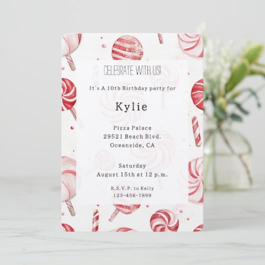 Invitation Cream Red Candy Cane Stripes Lollipops Birthday   (Debout devant)