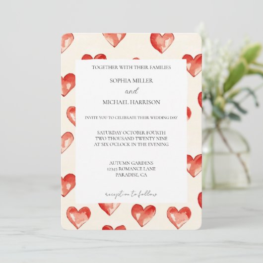 Invitation Cream Red Hearts Love Mariage (Debout devant)