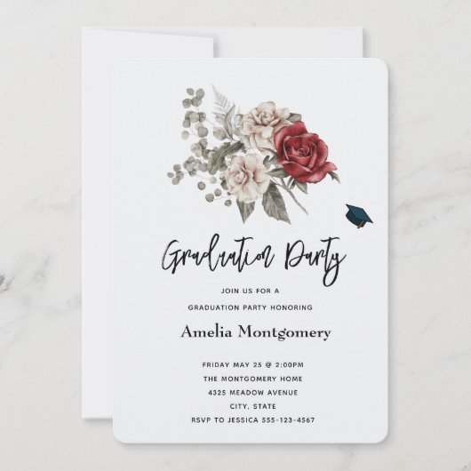 Invitation Cream & Red Rose Boho Floral Bouquet Graduation (Devant)