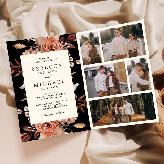 Invitation Cream Terracotta Floral QR Code Black Wedding