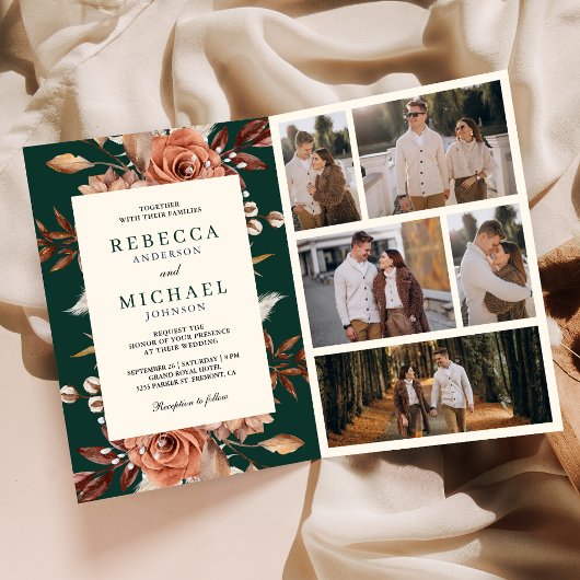 Invitation Cream Terracotta Floral QR Code Emerald Wedding