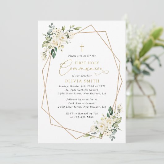 Invitation Cream White Flowers, Boho, First Holy Communion (Debout devant)