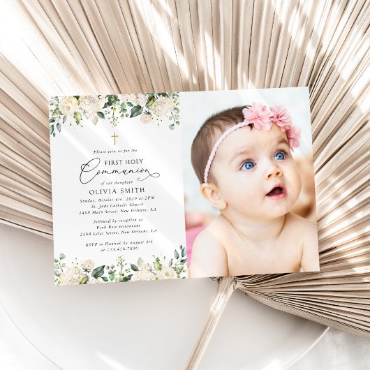 Invitation Cream White Flowers, Boho, First Holy Communion