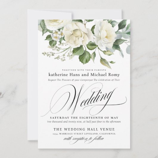 Invitation CreamyFloral Eucalyptus Script Calligraphy Wedding (Devant)