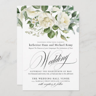 Invitation CreamyFloral Eucalyptus Script Calligraphy Wedding