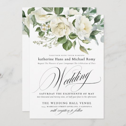Invitation CreamyFloral Eucalyptus Script Calligraphy Wedding (Devant / Derrière)