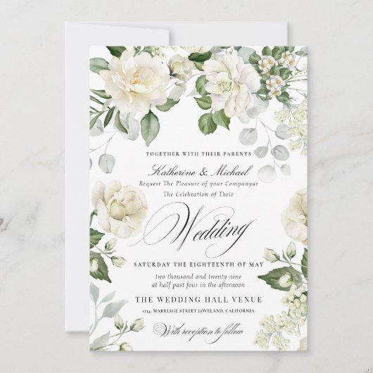 Invitation CreamyFloral Eucalyptus Script Calligraphy Wedding (Devant)