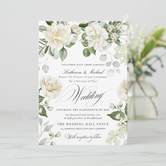 Invitation CreamyFloral Eucalyptus Script Calligraphy Wedding (Debout devant)