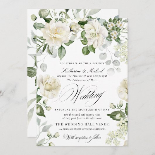 Invitation CreamyFloral Eucalyptus Script Calligraphy Wedding (Devant / Derrière)
