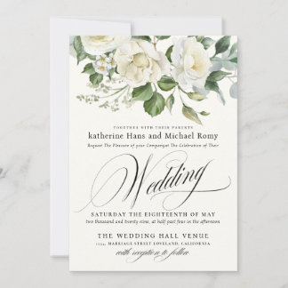 Invitation CreamyFloral Eucalyptus Script Calligraphy Wedding