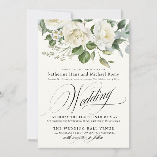 Invitation CreamyFloral Eucalyptus Script Calligraphy Wedding (Devant)