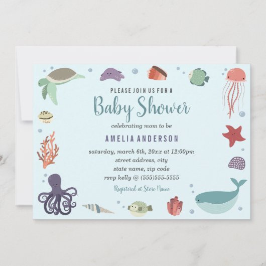 Invitation Créatures de mer douce Baby shower bleu corail (Devant)