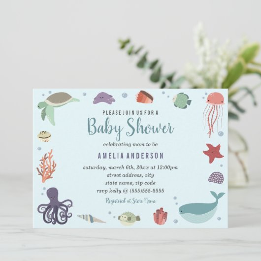 Invitation Créatures de mer douce Baby shower bleu corail (Debout devant)