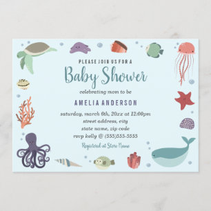 Invitation Créatures de mer douce Baby shower bleu corail