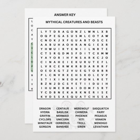 Invitation Créatures mythiques Recherche de mots (Devant / Derrière)