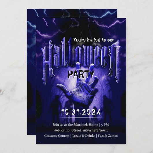 Invitation Creepy Halloween Party Zombies Blue Scary Night (Devant / Derrière)