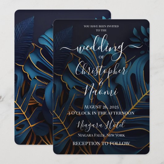Invitation Créez votre propre Mariage Feuille Dark Blue & Gol (Devant / Derrière)
