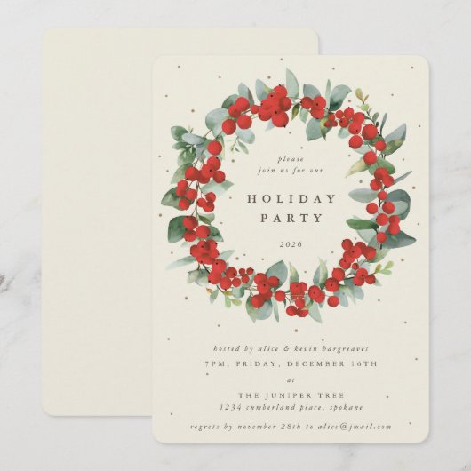 Invitation Crème Baies rouges+Eucalyptus Wreath Fête (Devant / Derrière)