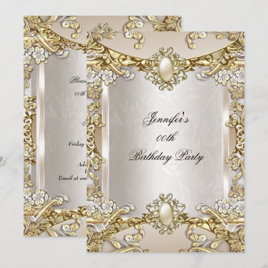 Invitation Crème Beige Gold Pearl Damask Anniversaire Party 2 (Devant / Derrière)