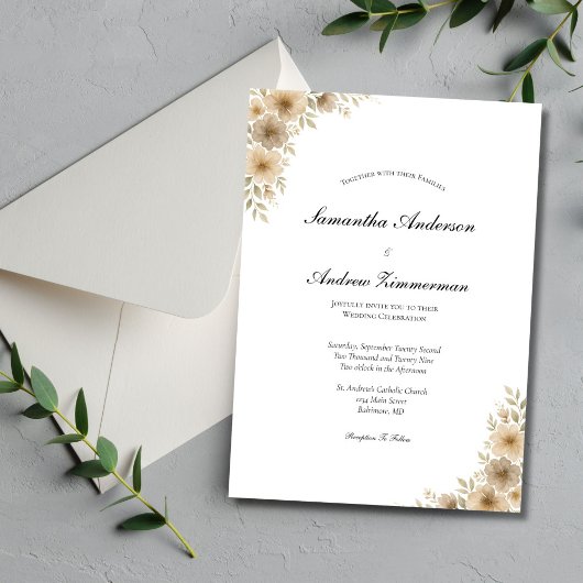 Invitation Crème beige Gris Neutre Floral Élégant Mariage