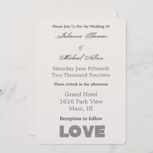 Invitation Crème Beige Pierre Argent Amour (Devant / Derrière)