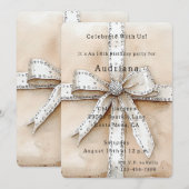 Invitation Crème Blanc Argent Glitzy Glam Bow anniversaire (Devant / Derrière)