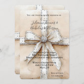 Invitation Crème Blanc Argent Glitzy Mariage Glam Bow (Devant / Derrière)