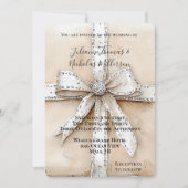 Invitation Crème Blanc Argent Glitzy Mariage Glam Bow (Devant)