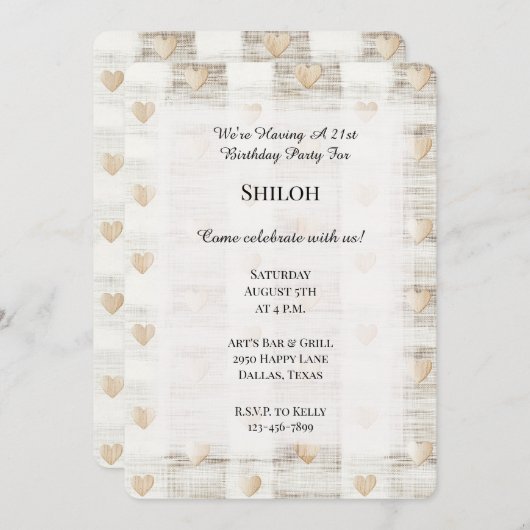 Invitation Crème Blanc Beige Boho Coeurs Anniversaire (Devant / Derrière)