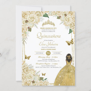 Invitation Crème Blanc Or Floral Butterfly Rose Quinceanera