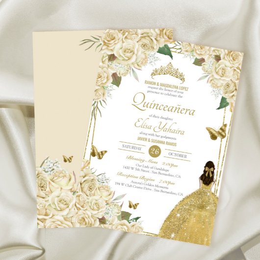 Invitation Crème Blanc Or Floral Butterfly Rose Quinceanera