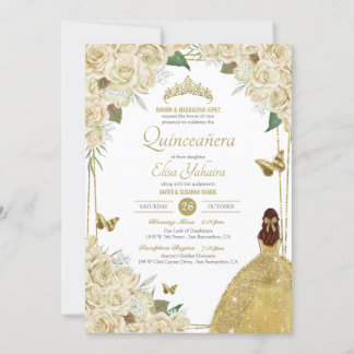 Invitation Crème Blanc Or Floral Butterfly Rose Quinceanera