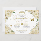 Invitation Crème Blanc Or Rose Floral Butterfly Quinceanera (Devant)