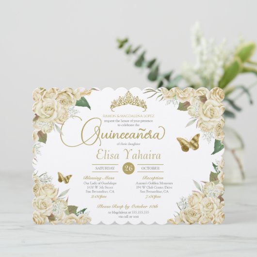 Invitation Crème Blanc Or Rose Floral Butterfly Quinceanera (Debout devant)