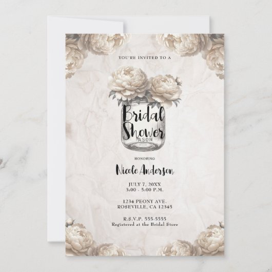Invitation Crème Blanc Pivoine Pot Mason Rustique Réception d (Devant)