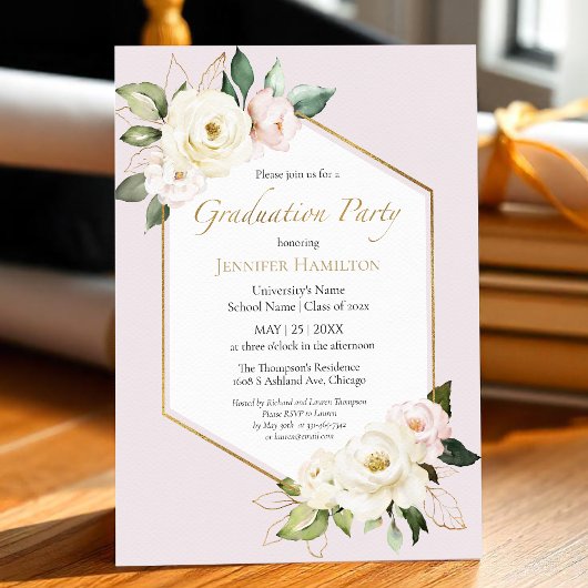 Invitation Crème blanche et Dusty rose Floral fête de graduat