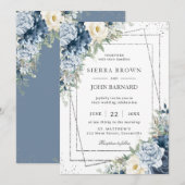 Invitation Crème bleu bleu ivoire florale argent géométrique (Devant / Derrière)