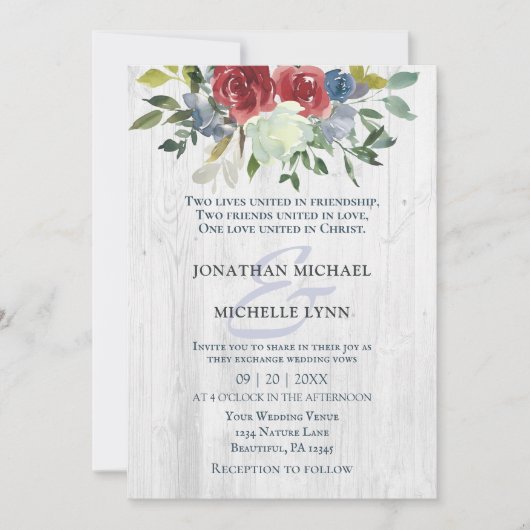 Invitation Crème bleu rouge Floral Bois blanc Mariage chrétie (Devant)