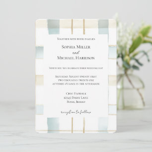 Invitation Crème Bleue Blanc Plaid Stripes Mariage