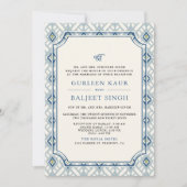 Invitation Crème Bleue Ivory Ikat Anand Karaj Sikh Mariage (Devant)