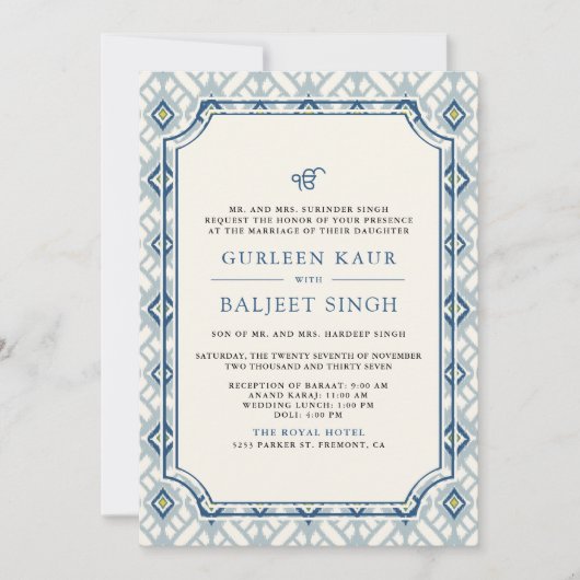 Invitation Crème Bleue Ivory Ikat Anand Karaj Sikh Mariage (Devant)