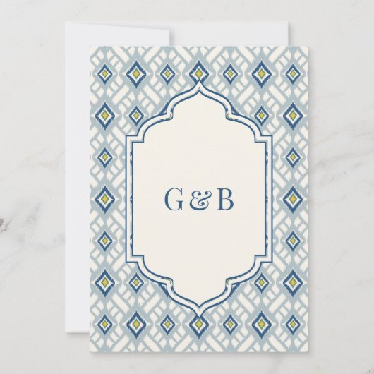 Invitation Crème Bleue Ivory Ikat Anand Karaj Sikh Mariage (Dos)
