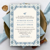 Invitation Crème Bleue Ivory Ikat Anand Karaj Sikh Mariage