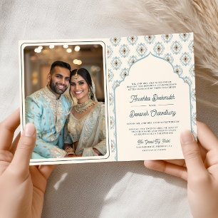 Invitation Crème Bleue Pastel Ikat Robe Indienne pour Mariage