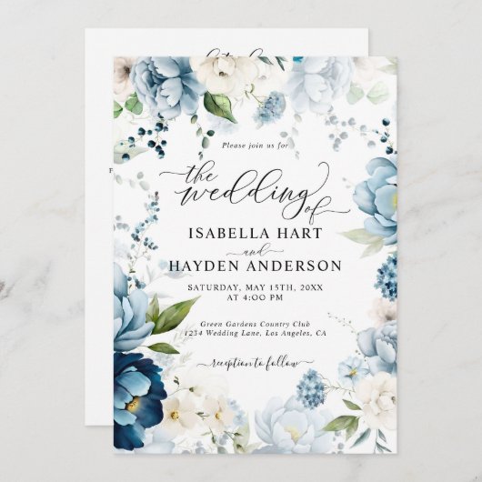 Invitation Crème Bleue Retro Marine Tout en 1 Code QR Mariage (Devant / Derrière)