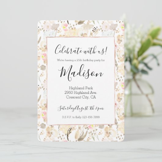 Invitation Crème Blush rose Floral Anniversaire (Debout devant)